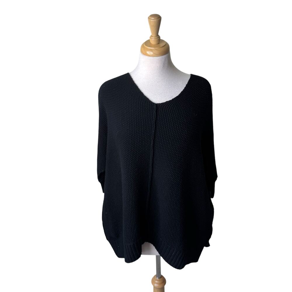 PLANET BY LAUREN G V Neck Chunky Knit Sweater 3/4 Sleeve One Size Black
